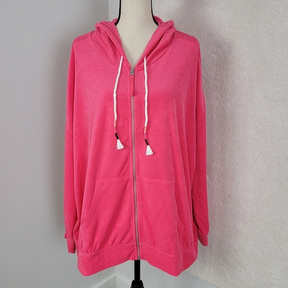 Lane Bryant LIVI Honeysuckle Pink Zip Front Towel Terry Hoodie Jacket 26/28 NEW - Picture 1 of 15